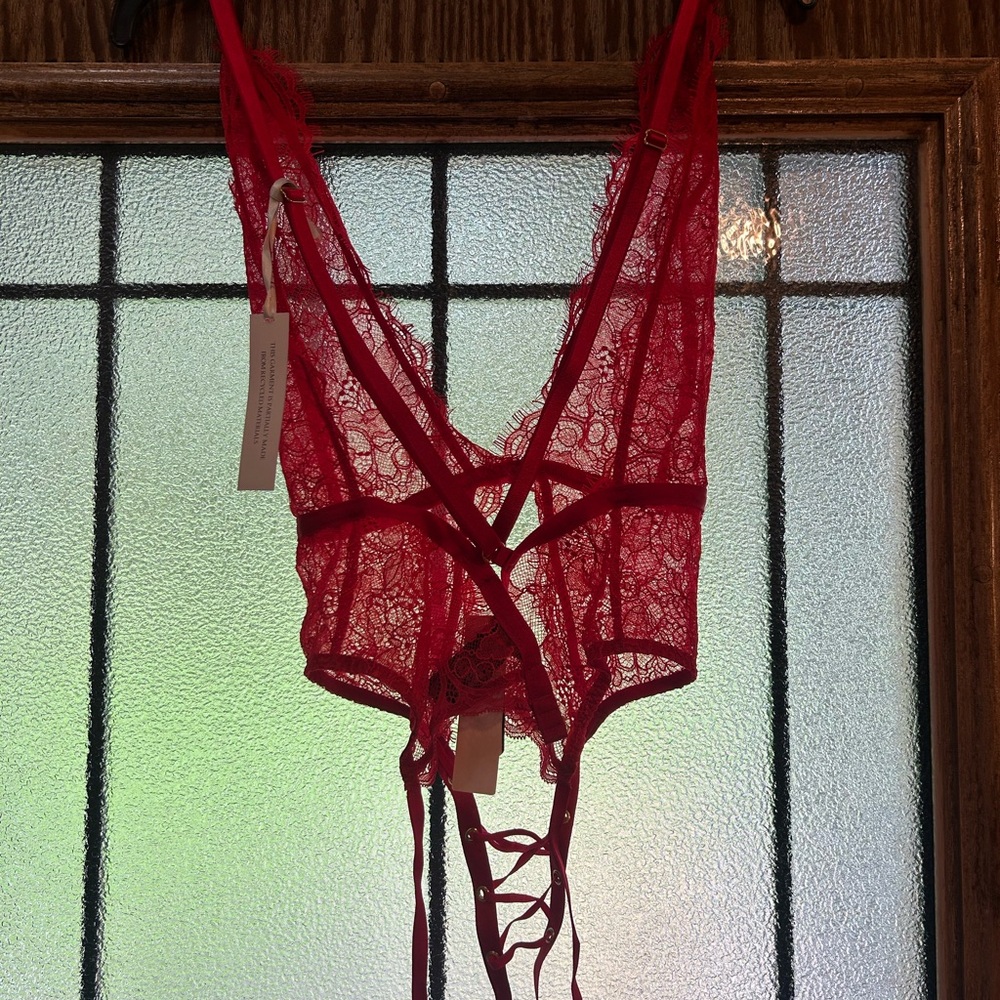 NWT Victoria's Secret Red Lace Up Bodysuit Teddy Sz Medium